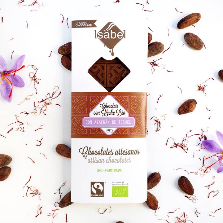 Økologisk chokolade med safran fra Teruel – 10 tabletter for engroshandel hos CHOCOLATES ARTESANOS ISABEL