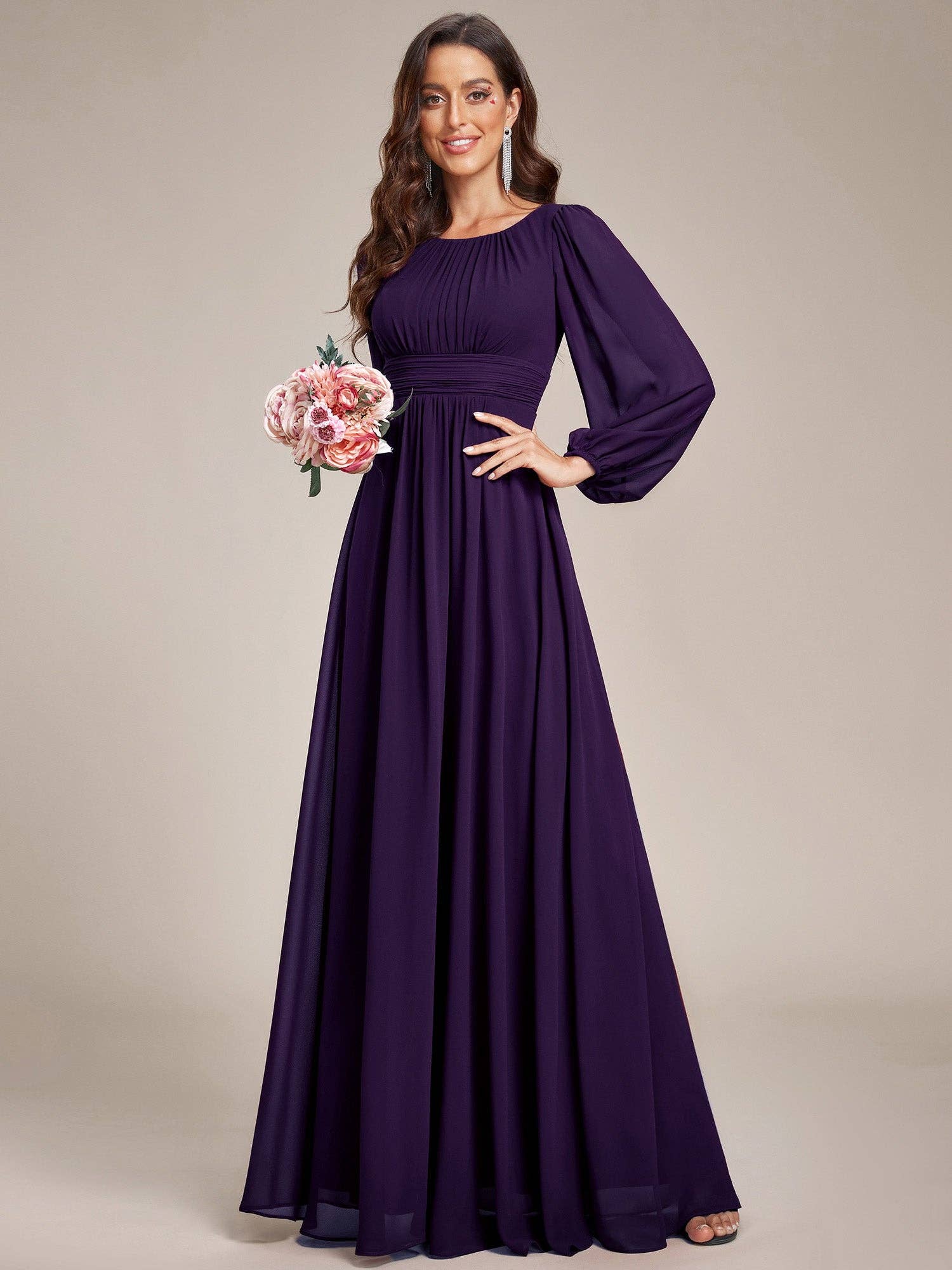 Ever-Pretty - Wholesale Gown - Women's - Plus Size Long Lantern Sleeves Round Neck Bridesmaid Dress30