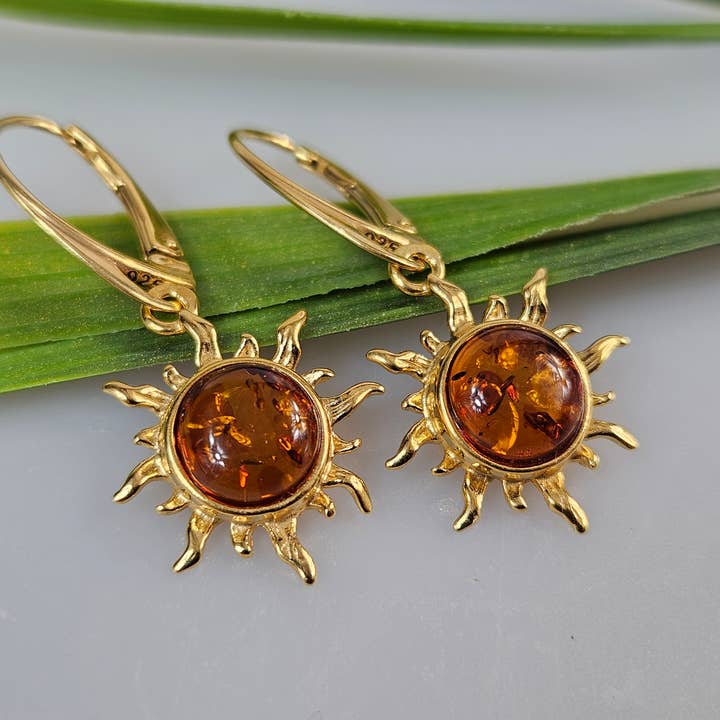 AmberLithuania - Vendita all'ingrosso Orecchini pendenti - Orecchini a forma di sole in oro e argento con pendente a filo, a forma di sole