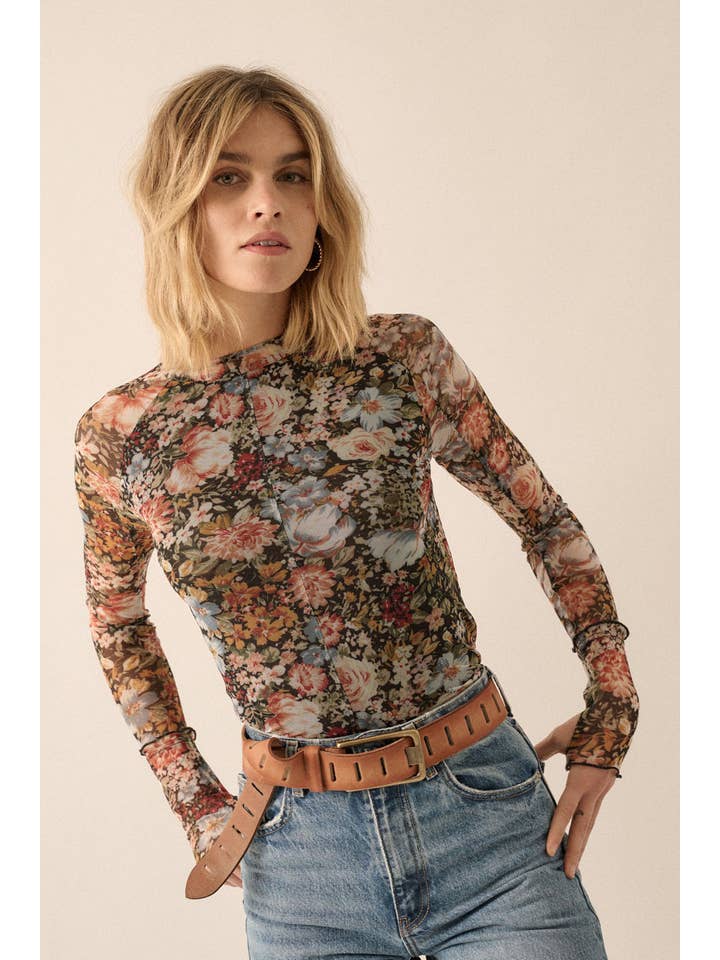 BLACK Floral Mesh Long-Sleeve Mock Neck Top for wholesale on Faire