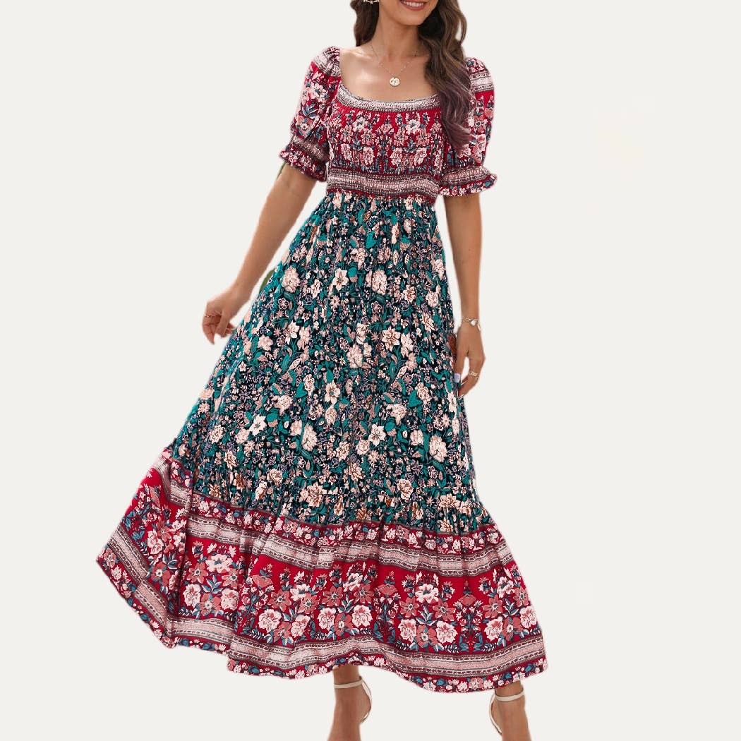 The Moment Collection - Wholesale Jurk - Dames - Boheemse maxi-jurk met bloemenprint en korte mouwen0