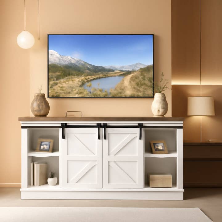 Bright White 65 Inch Farmhouse TV Stand With Sliding Barn Doors for wholesale on Faire