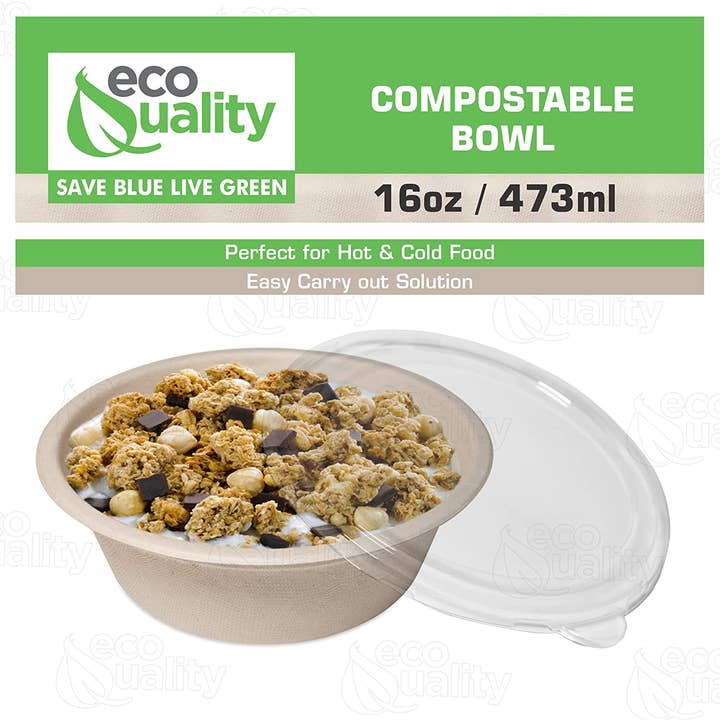 EcoQuality – wholesale Disposable plate – 16oz Compostable Heavy Duty Disposable Bowls w/Lids, Ecofrie