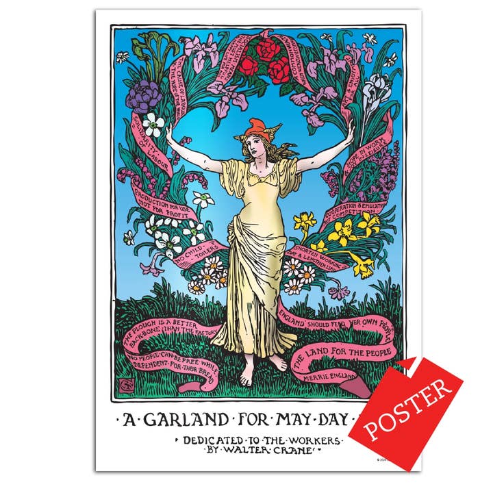 Poster di ghirlanda per il primo maggio 1895 per la vendita all'ingrosso da parte di Radical Tea Towel