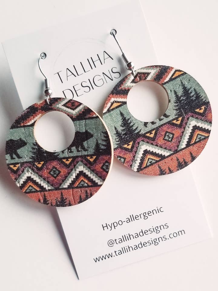 Tribal Genuine Leather Backed Cork Circle Cutout Earrings for wholesale by Talliha Designs