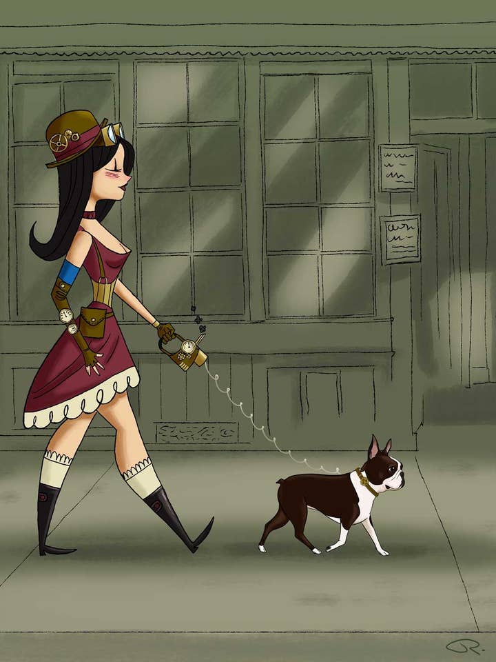 Impression sur toile Steampunk, fille promenant un terrier de Boston, chien pour la vente par Brian Rubenacker studios