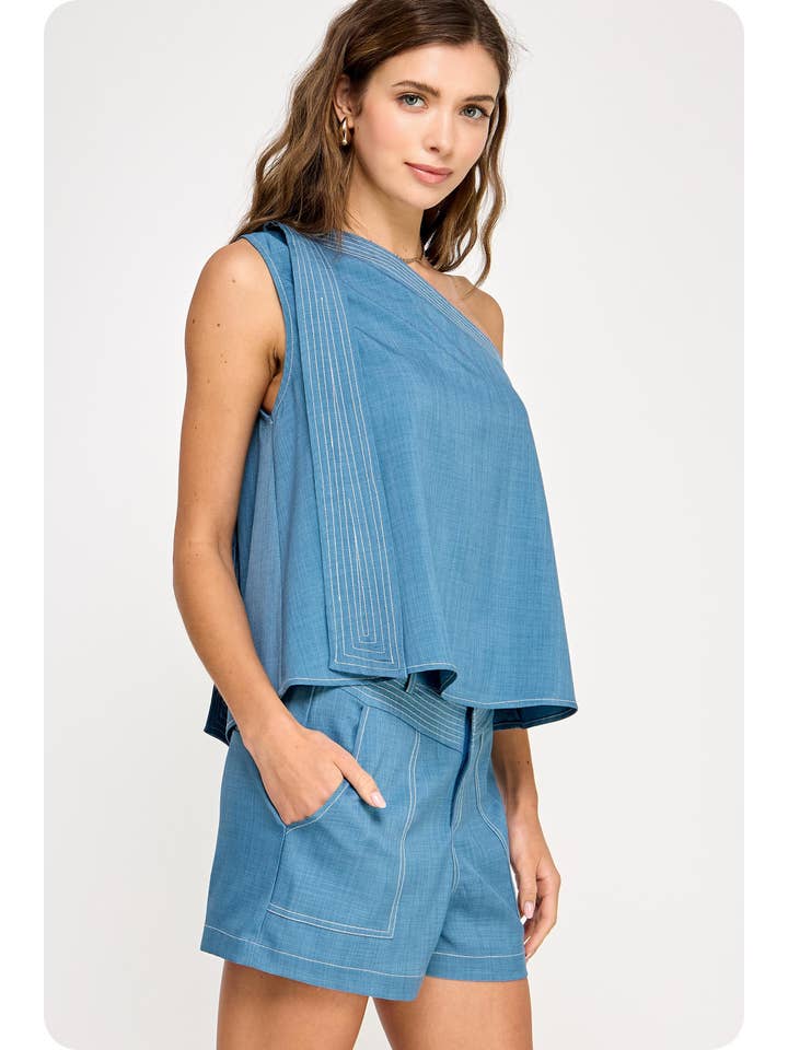 Strut & Bolt - Wholesale Blouse - Women's - Top Stitch Detail One Shoulder Top