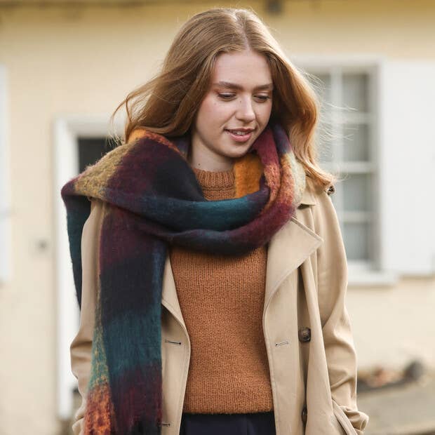 Lisa Angel - Wholesale Scarf - Women's - Thick Burgundy Navy and Mustard Winter Scarf