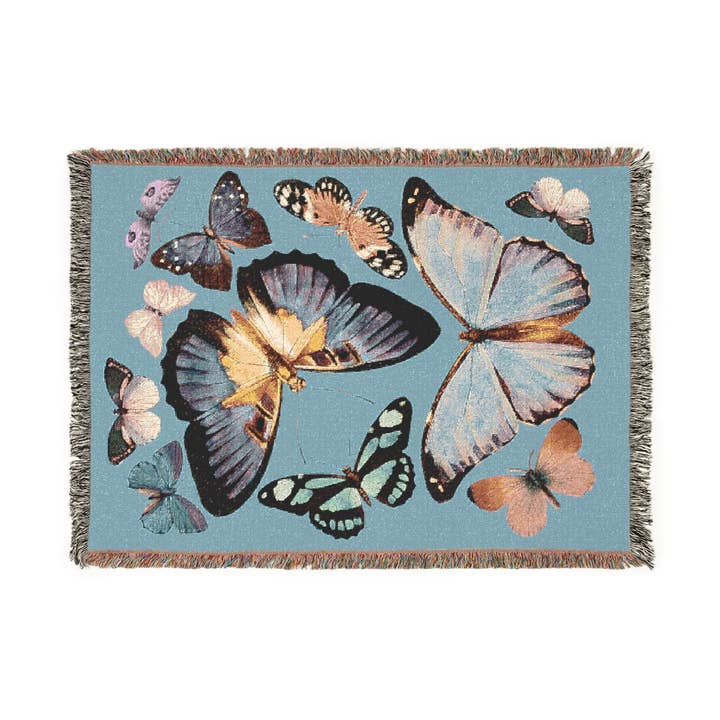 Blue Butterfly Cotton Woven Blanket for wholesale by Two Owls