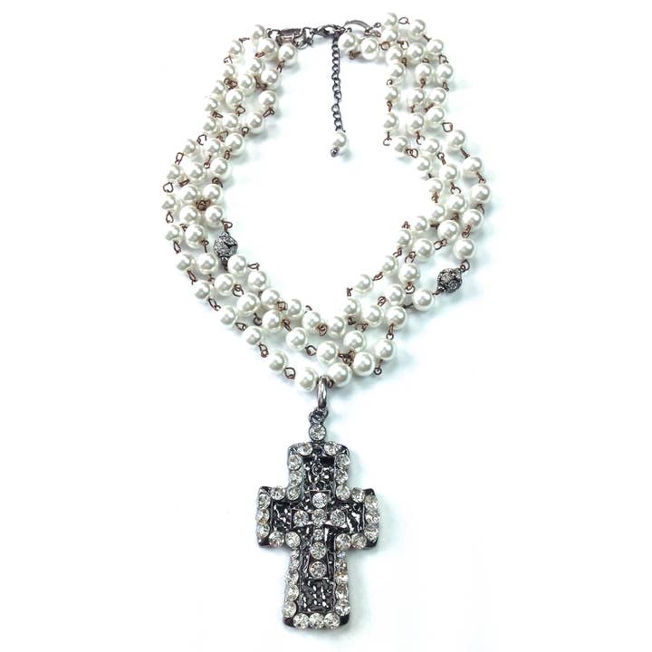 Lost & Found Trading - Wholesale Pendant/Charm Necklace - NK-Triple STD. Rosaried Pearls with Cross Pendant Necklace