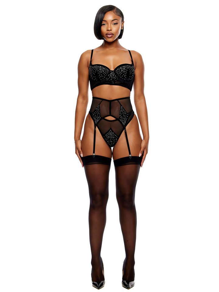 Noir Ensemble de lingerie pour soutien-gorge long en velours et strass Catght Your Eye - Noir en vente sur Faire