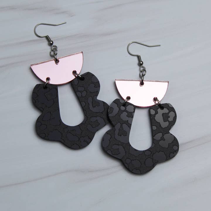 Black Leopard and Blush Scalloped Dangle Earrings for wholesale by Pearl's Custom Creations