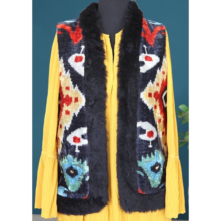 Silk Velvet Ikat Vest Indigo for wholesale by MIASETA