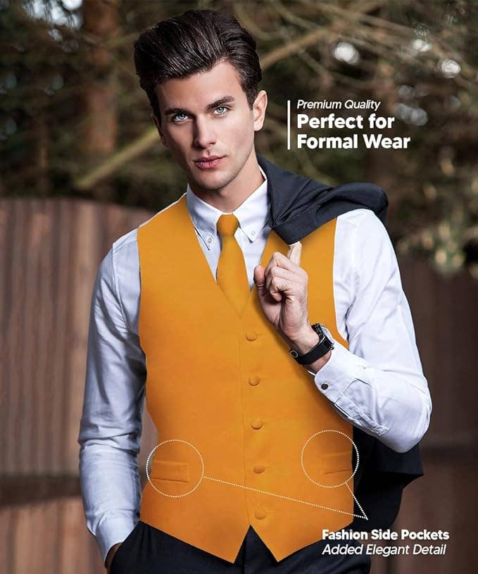 Dubal Brothers - Wholesale Suit Vest - Men's - Vittorio Farina Solid Satin Vest Set (White Back) Var. 02 (Mustard-Yellow)4