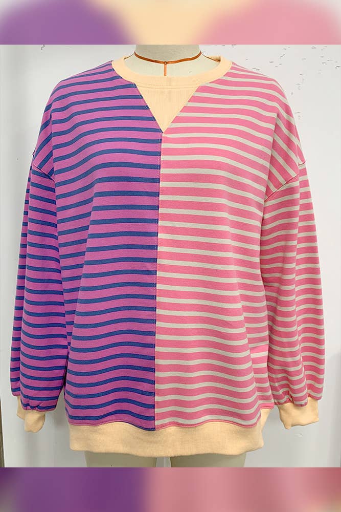 UNISHE - Wholesale Sweatshirt - Women's - Long Sleeves Colorblock Stripes Sweatshirt ASJP1094