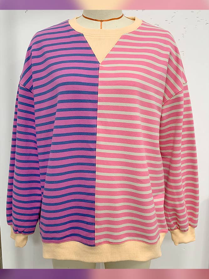 UNISHE - Wholesale Sweatshirt - Women's - Long Sleeves Colorblock Stripes Sweatshirt ASJP1094