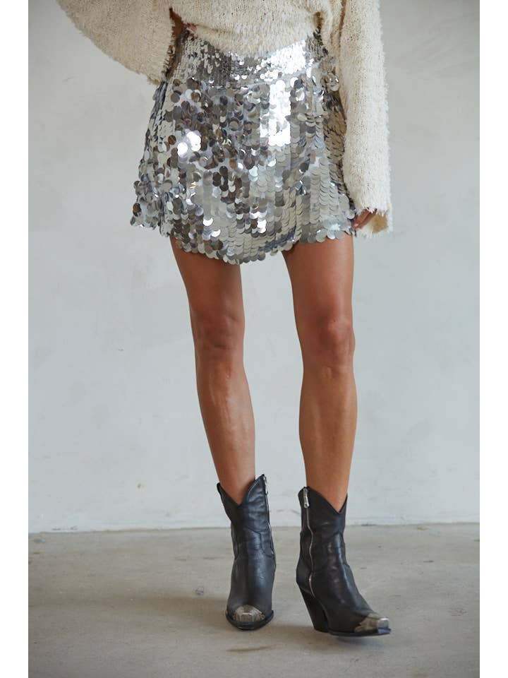Silver L7637 | Sequin Asymmetrical Flare Mini Skirt for wholesale on Faire