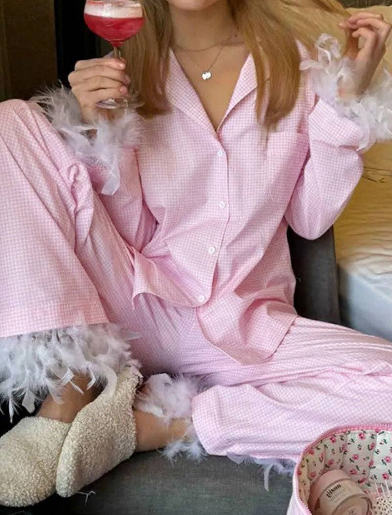 AZSHOP Trading LLC - Vente Haut et bas de pyjama – femme - Ensemble de pyjama long bordé de plumes7