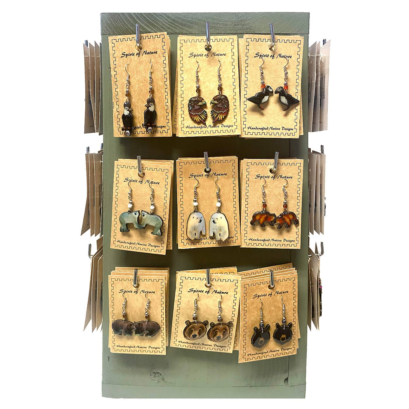Pichincha - Wholesale Retailer Display - Jewelry - 72 Pcs Wildlife Carded Acrylic Earrings 2-Sided Wood Display2