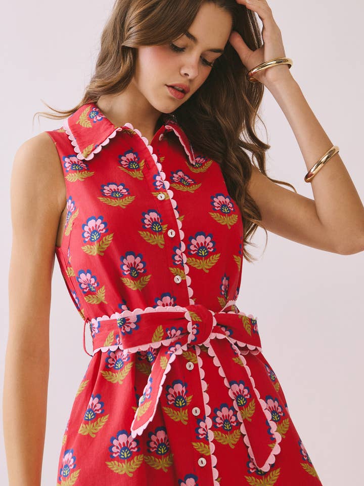 CD06056-Floral Print Contrast Scalloped Trim Detail Dress for wholesale by TCEC