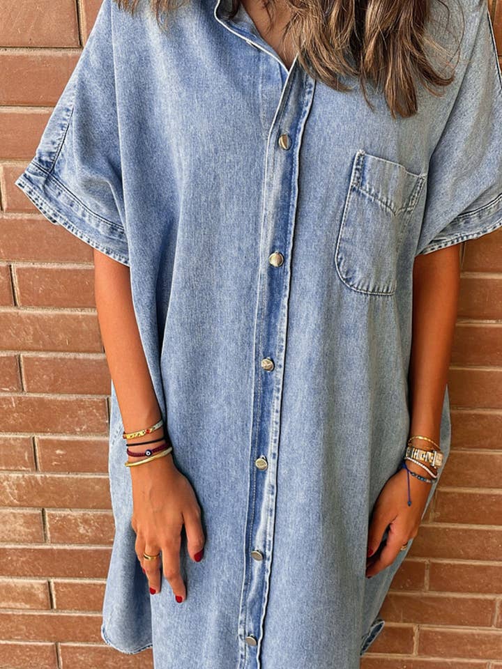 Light Blue Loose Medium Wash Chambray Dress with Short Sleeves for wholesale on Faire6