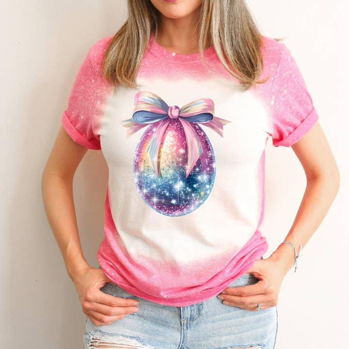 Easter Bunny Egg With Coquette Bow Bleached Easter Tee for wholesale by Hello Gorgeous Apparel