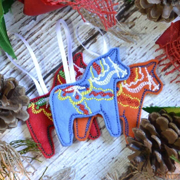 Winter Holiday Dala Horse Embroidered Felt Ornament for wholesale by SewMuchMoreStore