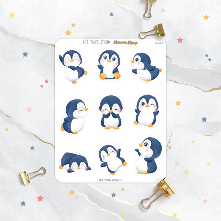 Cute Penguins Sticker Sheet, Planner Stickers, Scrapbook, Stationary, Bujo, Journal Stickers, Arctic, Animal Stickers, Baby Penguin for wholesale by Art Tales Studio