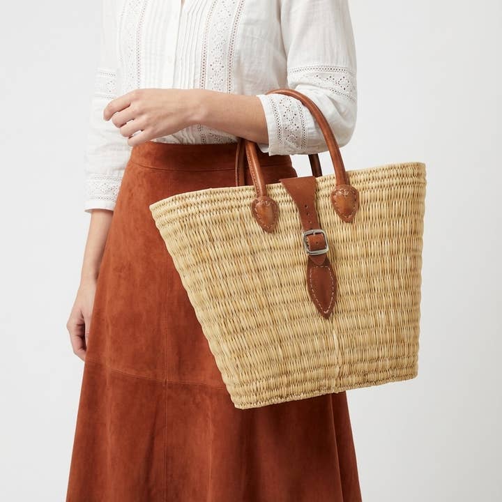 Melecraft - Wholesale Basket - Woven Reed Market Basket Leather Strap - Natural Boho Tote1