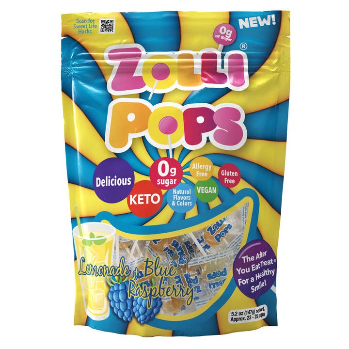 Zolli Candy, The Clean Teeth Candy – Engroshandel Slikkepinde – Zollipops Sukkerfri Lemonade & Blå Hindbær Swirl 147g