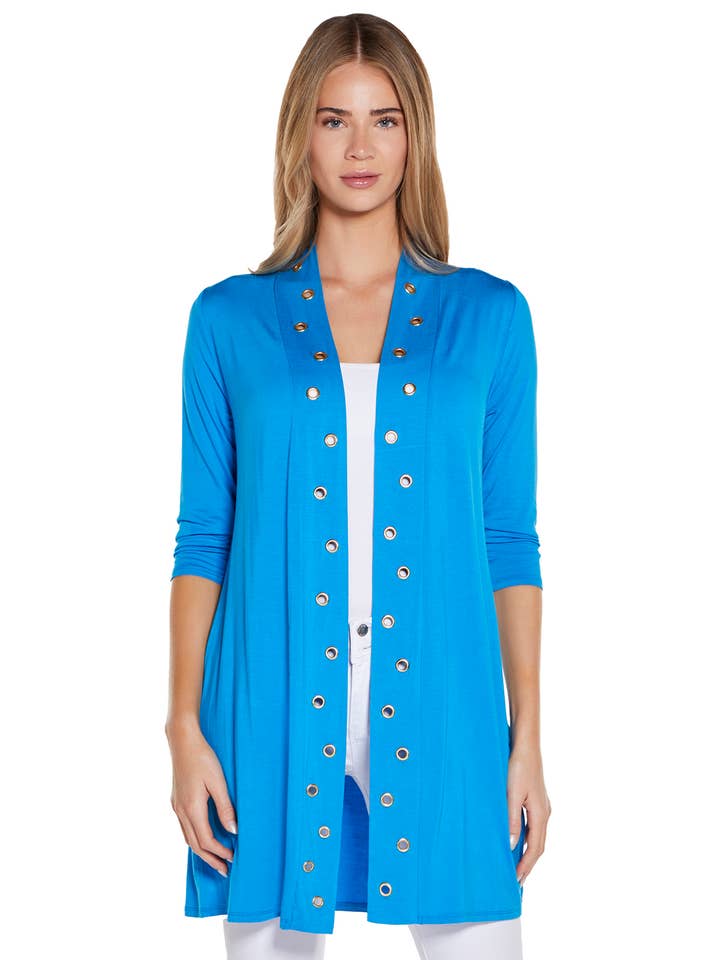 Women's 3/4 Sleeve Mid-Thigh Grommet Cardigan for wholesale by Belldini