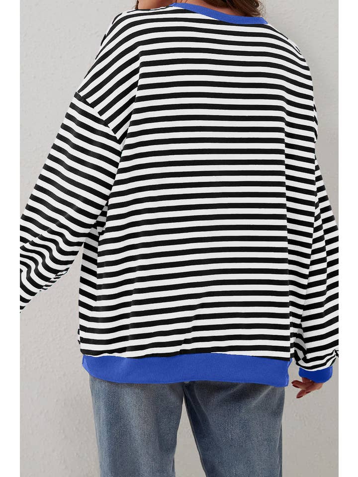 Amaryllis Apparel - Wholesale Sweatshirt - Women's - Stripe Oversized Contrast Trim Pullover Sweatshirt10