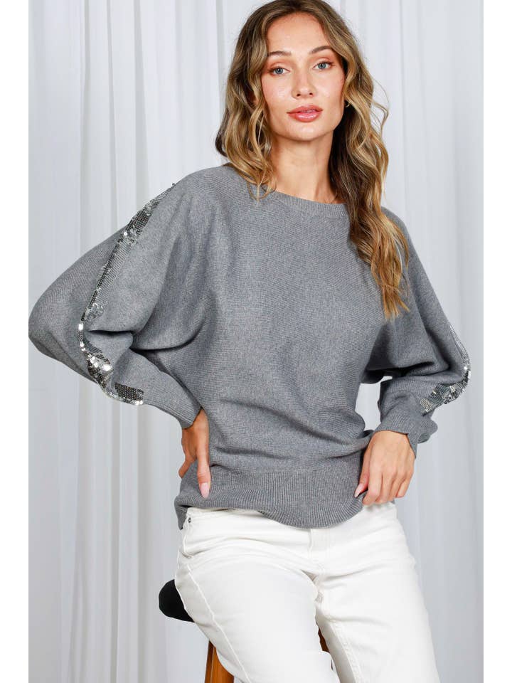 Vine & Love - Wholesale Knit Sweater - Women's - Sequin Detail Crew Neck Dolman Knitted Sweater VT820139