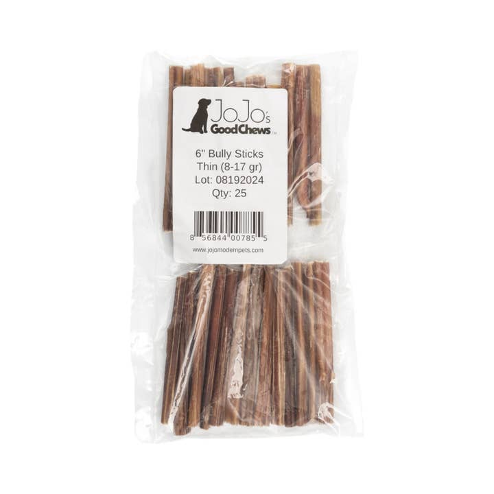 Jojo Modern Pets - Wholesale Pet Treats - Dog - Natural Beef Bully Stick Dog Treats - 6" Thin (25/Bag)