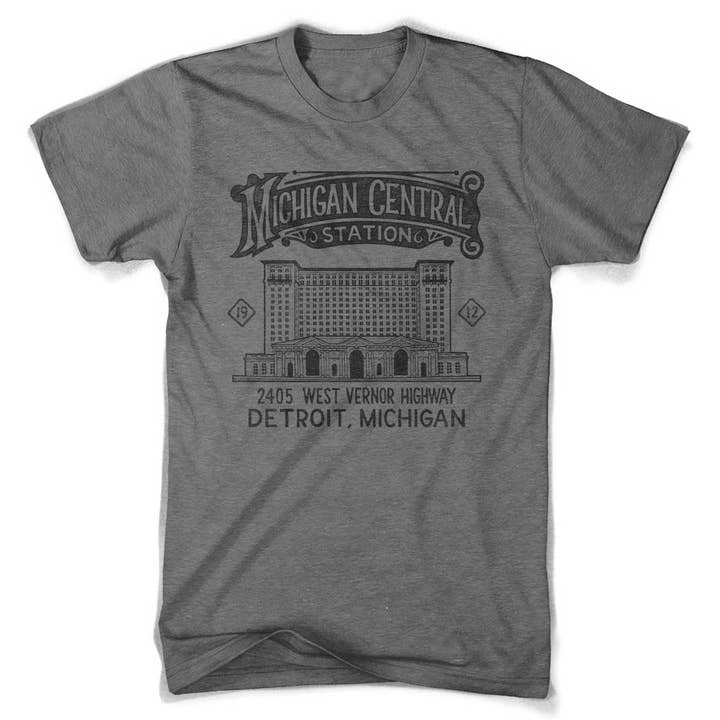 Herre Michigan Central Station 2 T-shirt (grå Triblend) for engroshandel hos Detroit Shirt Co.