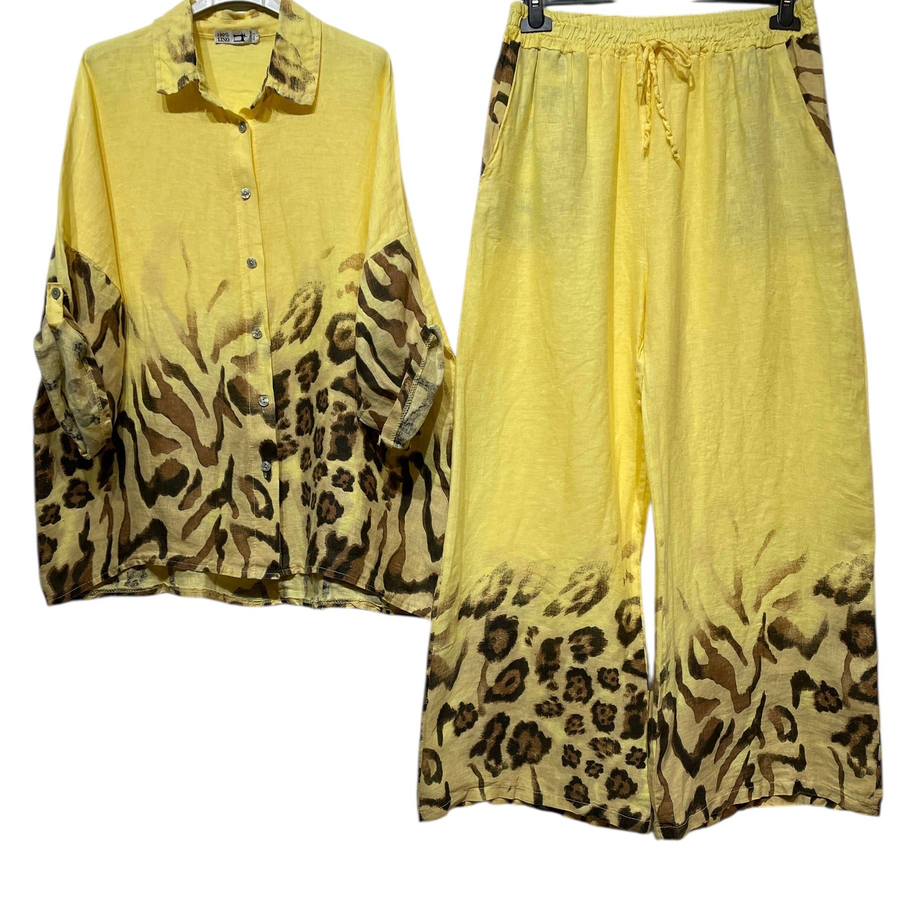 LINEN & COTTON HOUSE – Engroshandel Overdelssæt – til kvinder – Leopardmønstret hørskjorte og bukser sæt 09002 4840310
