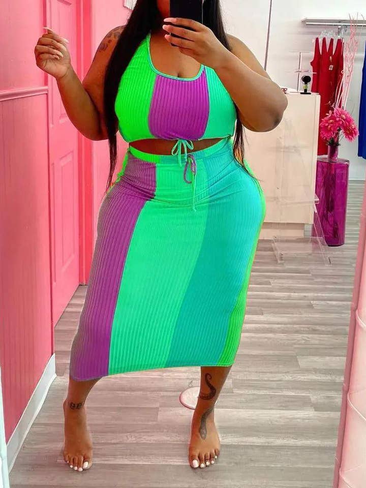 Fashion Combination - Vente Ensemble haut et jupe - Femme - ensemble de jupe courte côtelée colorblock grande taille