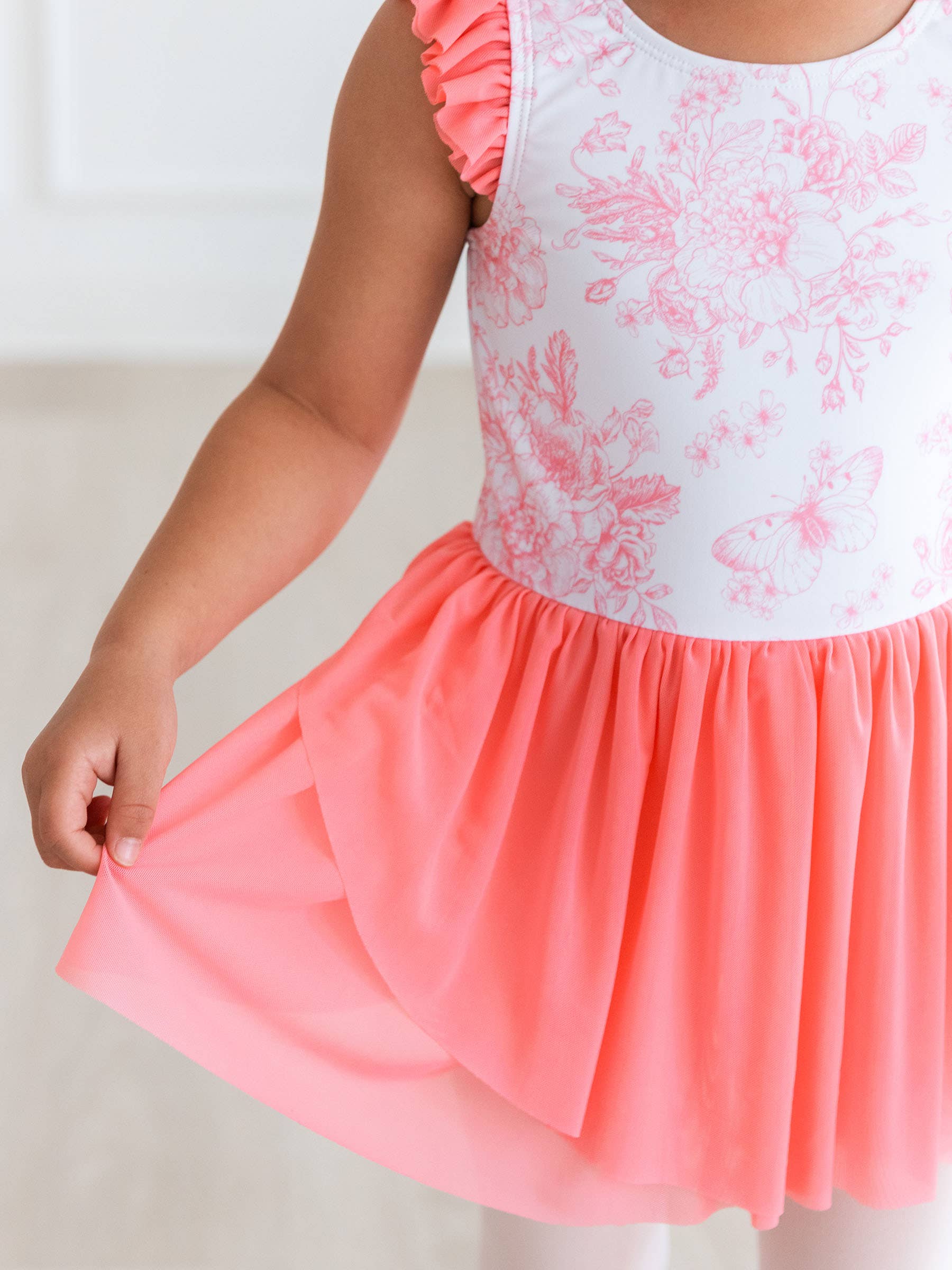 Girls Bubblegum Pink Butterfly Garden Toile Flutter Sleeve Dance & Gymnastics Leotard for wholesale on Faire1