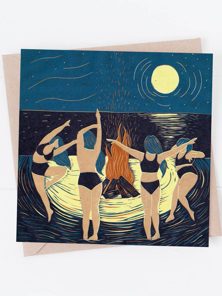 Bonfire Night card, beach, moon, dance, women, friends, fire for wholesale by Prints by the Bay
