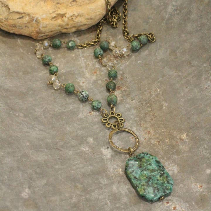 The Primitive Peddler, Inc. - Wholesale Pendant/Charm Necklace - Bohemian Jasper & Stone Drop Necklace
