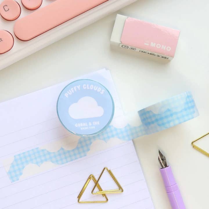 Ruban adhésif en tissu vichy bleu Puffy Cloud pour la vente par Coral and Ink