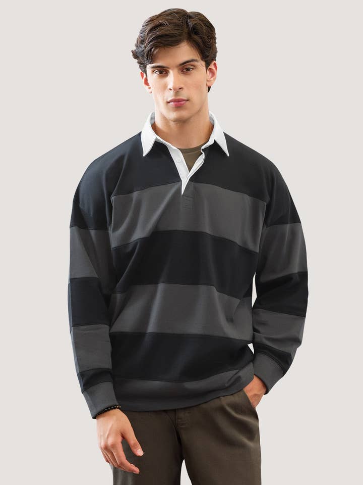 Black Striped Oversized Rugby Shirt for wholesale by Brian Oak Limited