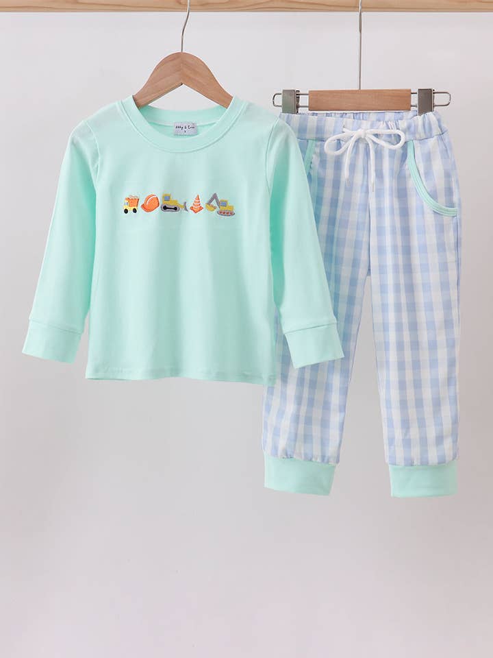 Green vehicle embroidery pants set for wholesale by Mom & Co.