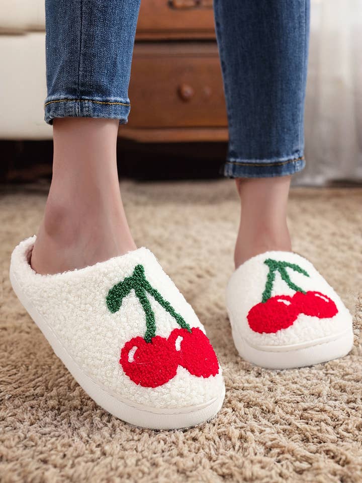 1 the Woman - Wholesale Slippers - Women's - Cute Fruit Cherry Pattern Winter Plush Slippers