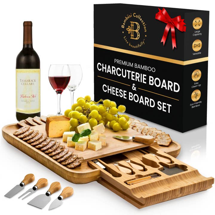 Bambusi - Wholesale Cheese Board - Bamboo Charcuterie & Cheese Board Set with Cutlery Drawer