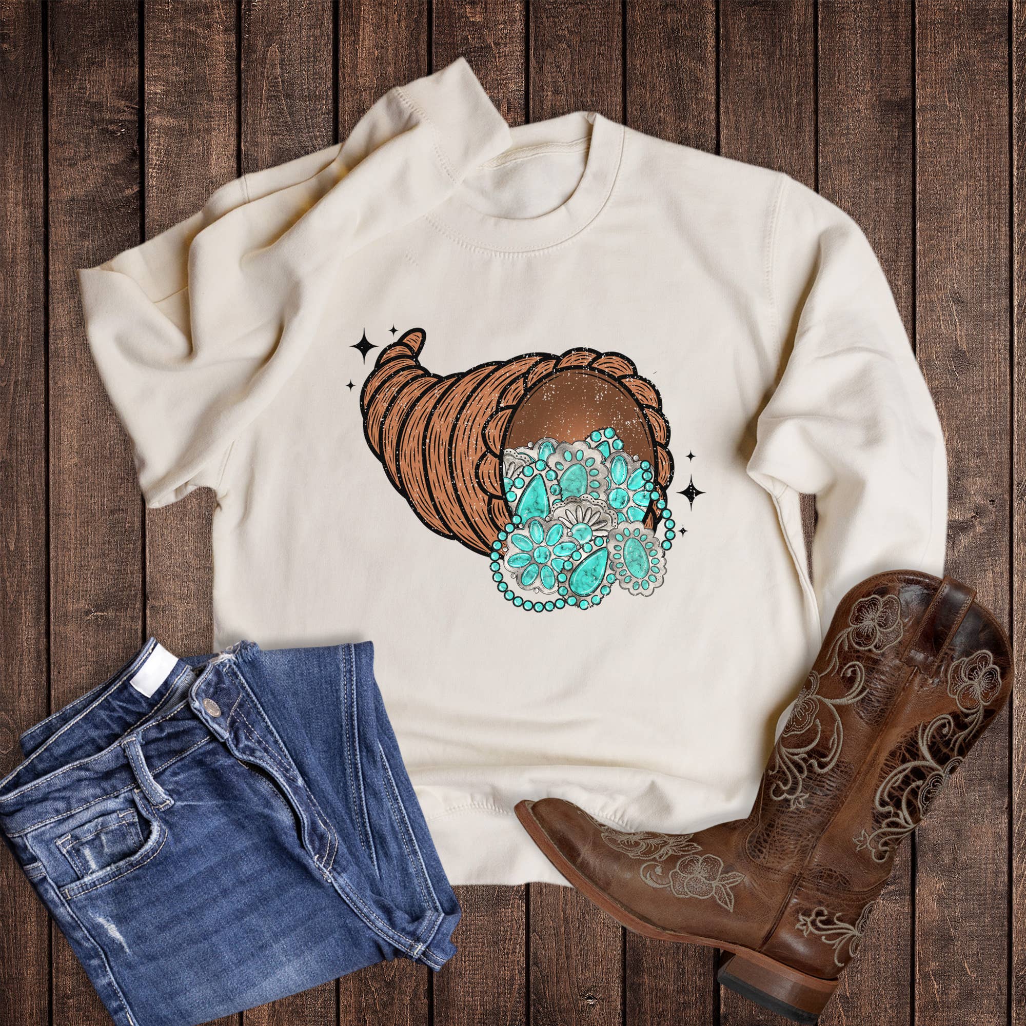 Sweet Cream Fall Thanksgiving Turquoise Cornucopia Sweatshirt for wholesale on Faire0
