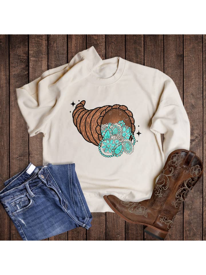 Sweet Cream Fall Thanksgiving Turquoise Cornucopia Sweatshirt for wholesale on Faire