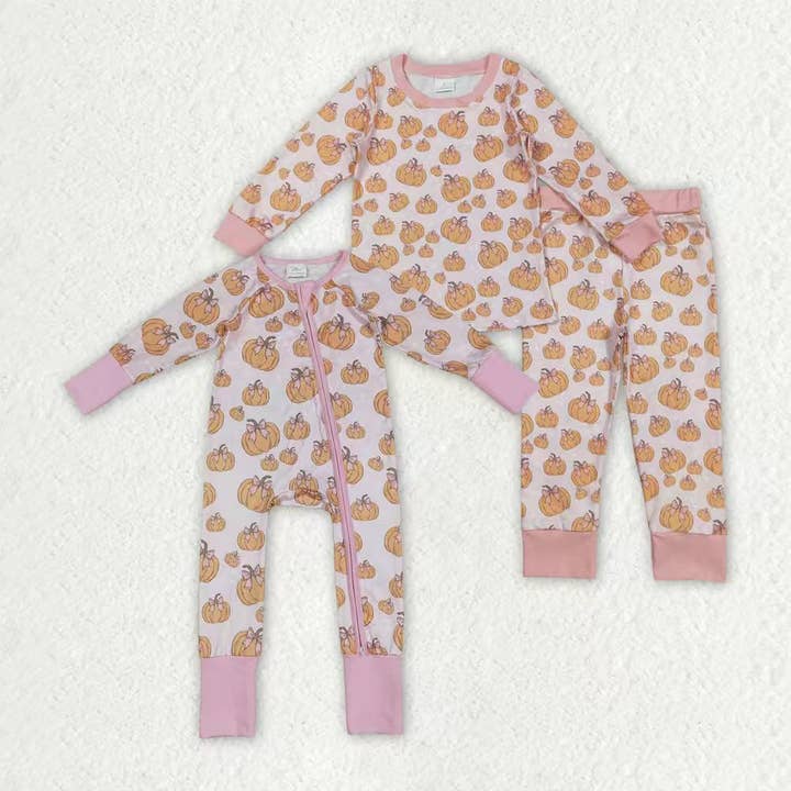 Sibling Baby Girls Pink Bows Pumpkins Rompers Pajamas Sets for wholesale by Aier Wholesale