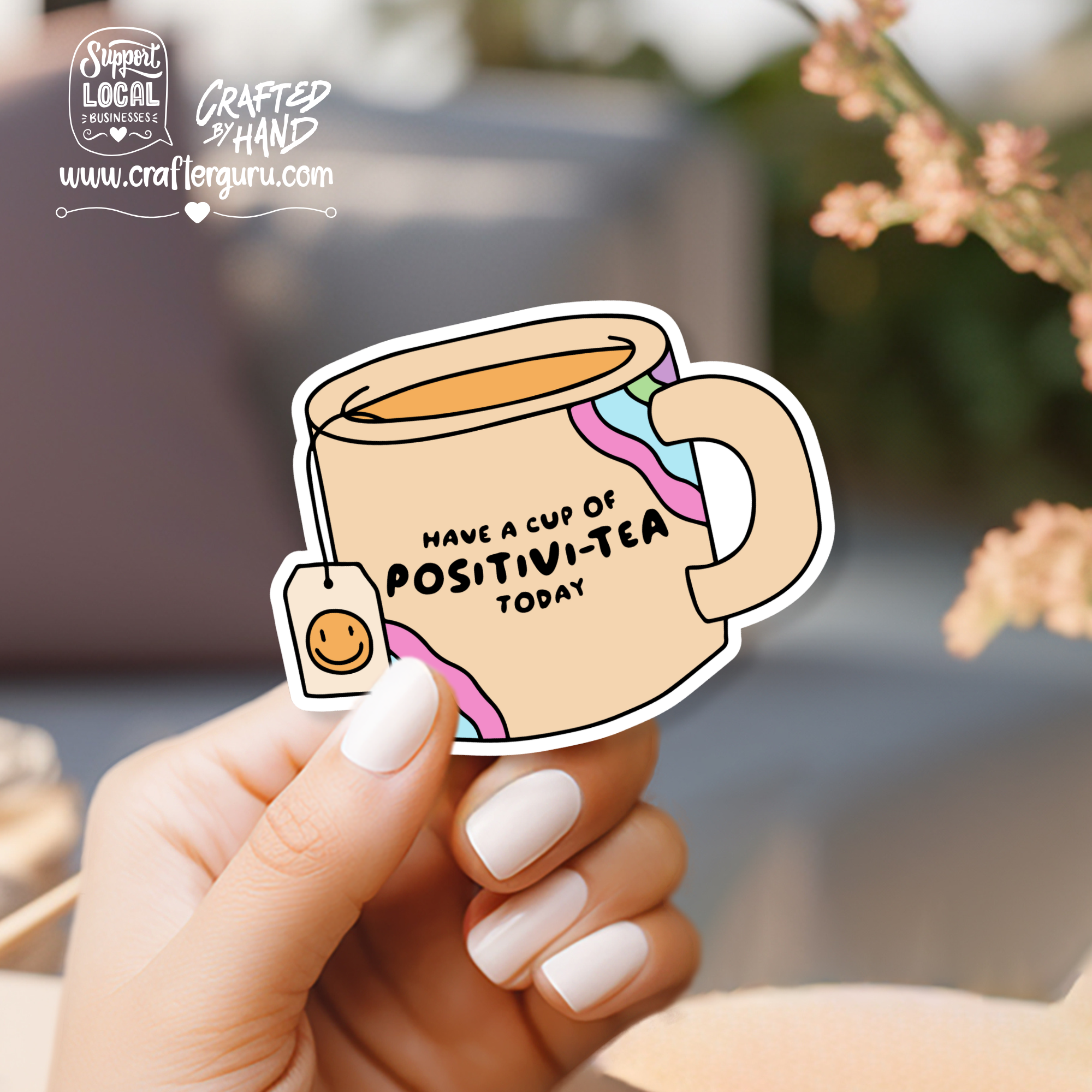Crafter Guru Shop - Wholesale Sticker - Have a Cup of Positivi-tea Sticker | Funny Tea Lover Decal | Cute Aesthetic Mug Sticker | Waterproof Vinyl Laptop Decal | STK-0101