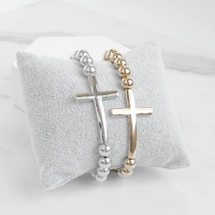 PennyLine inc - Wholesale Beaded Bracelet - Minimal Cross Ball Beads Stretchy Bracelet - Gold Silver tones